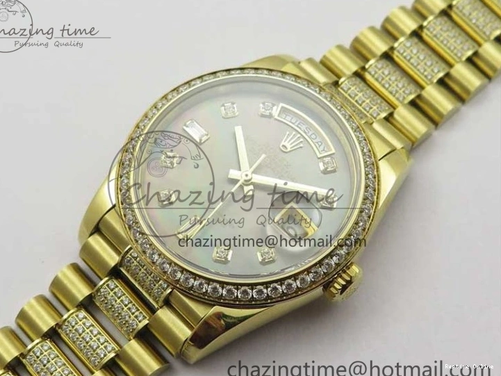 0503 Day-Date 36mm 128235 YG Crystal BP Best Edition Gray MOP Crystal Marker Dial on YG President Bracelet A MultiPurpose 2675